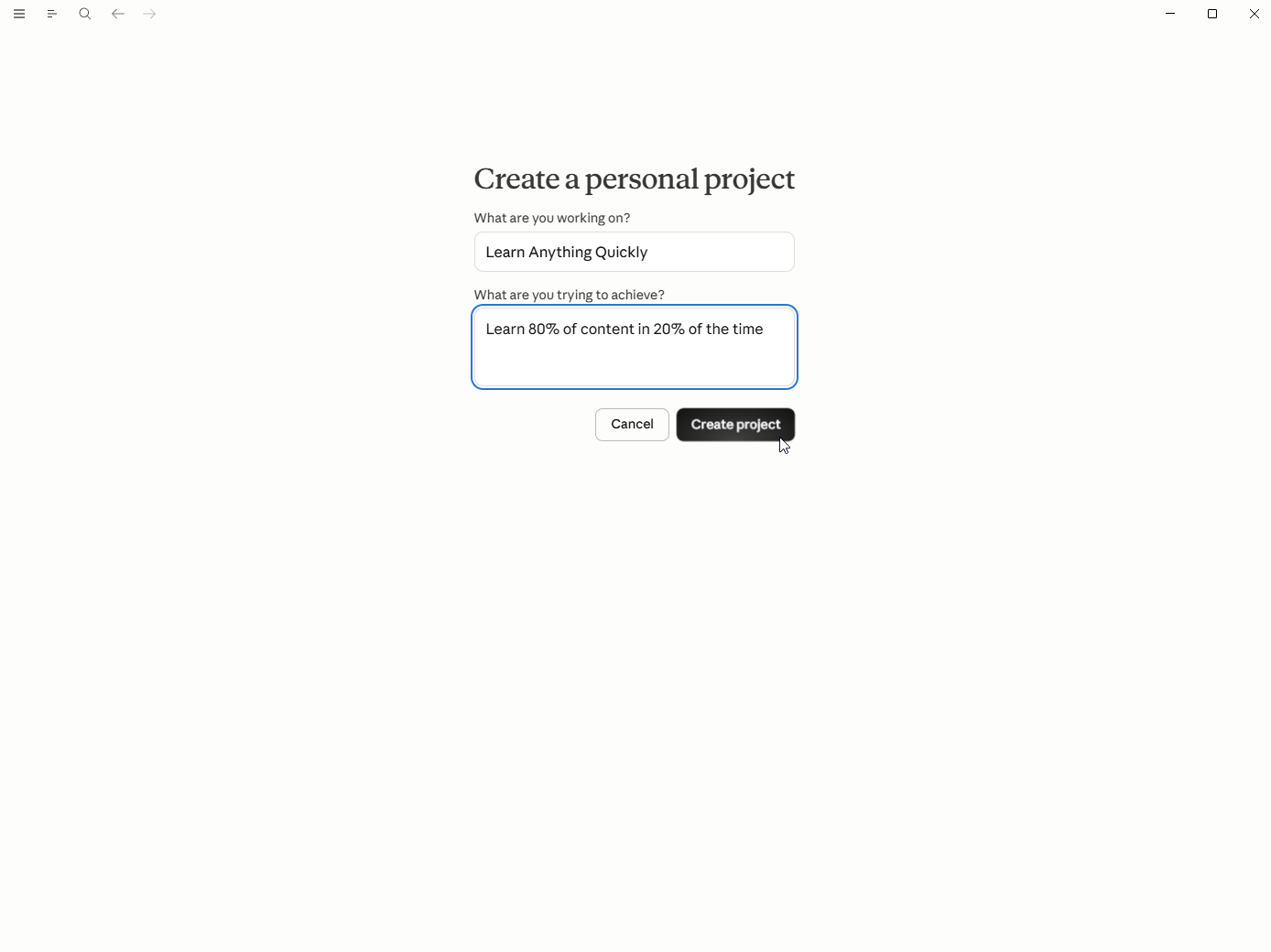 Claude's 'Create a personal project' dialog with the project named 'Learn Anything Quickly'