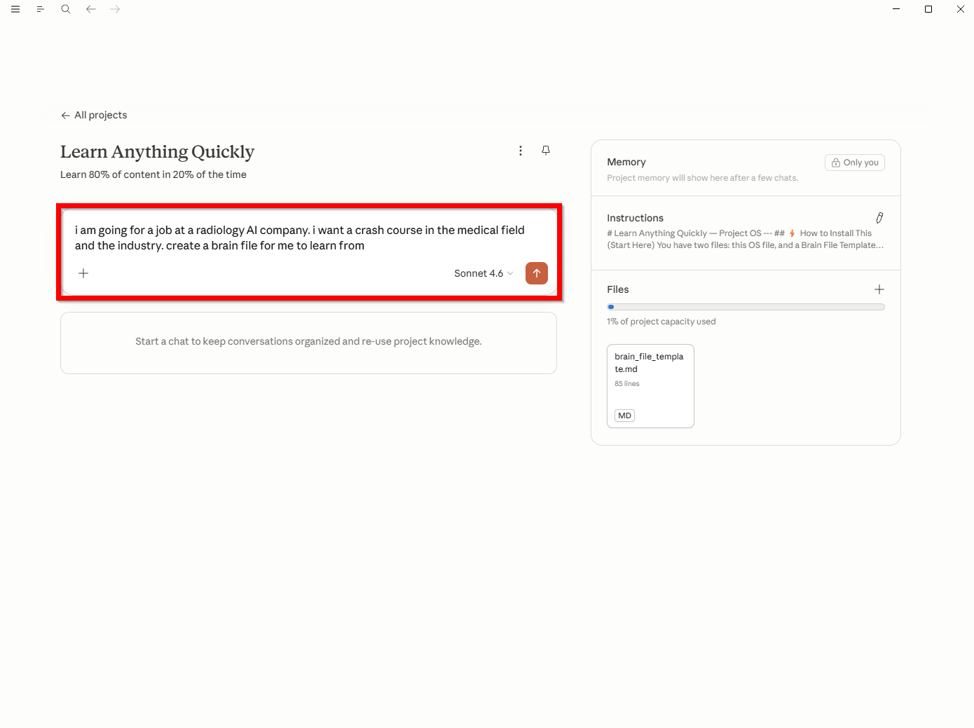 A chat prompt typed into the project: 'i am going for a job at a radiology AI company. i want a crash course in the medical field and the industry. create a brain file for me to learn from'