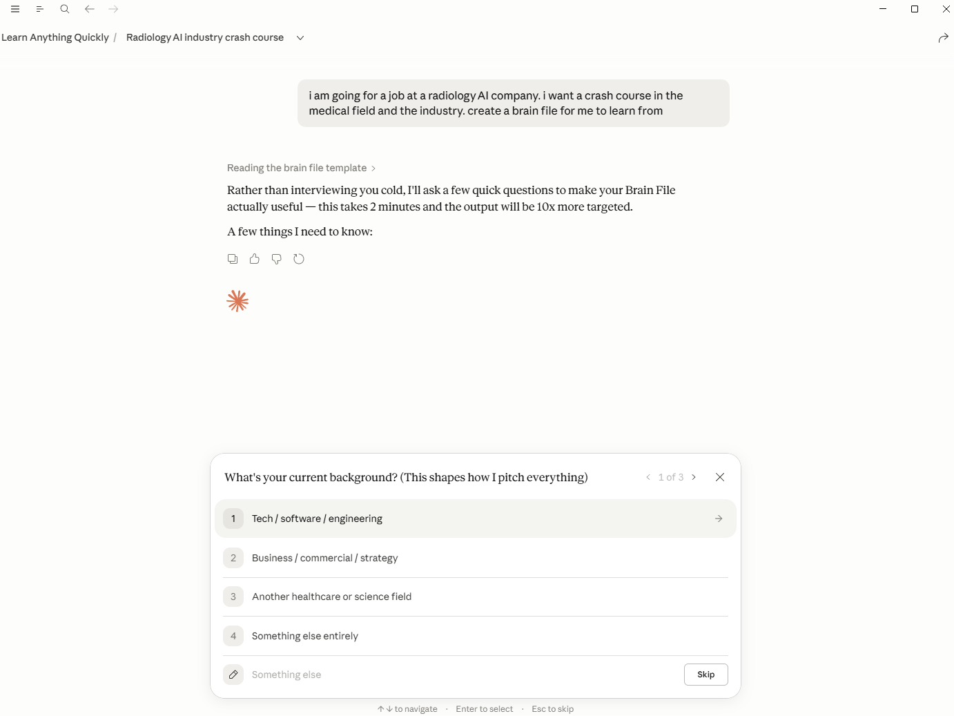 Claude asking 'What's your current background?' with multiple choice options including Tech/software/engineering and Business/commercial/strategy