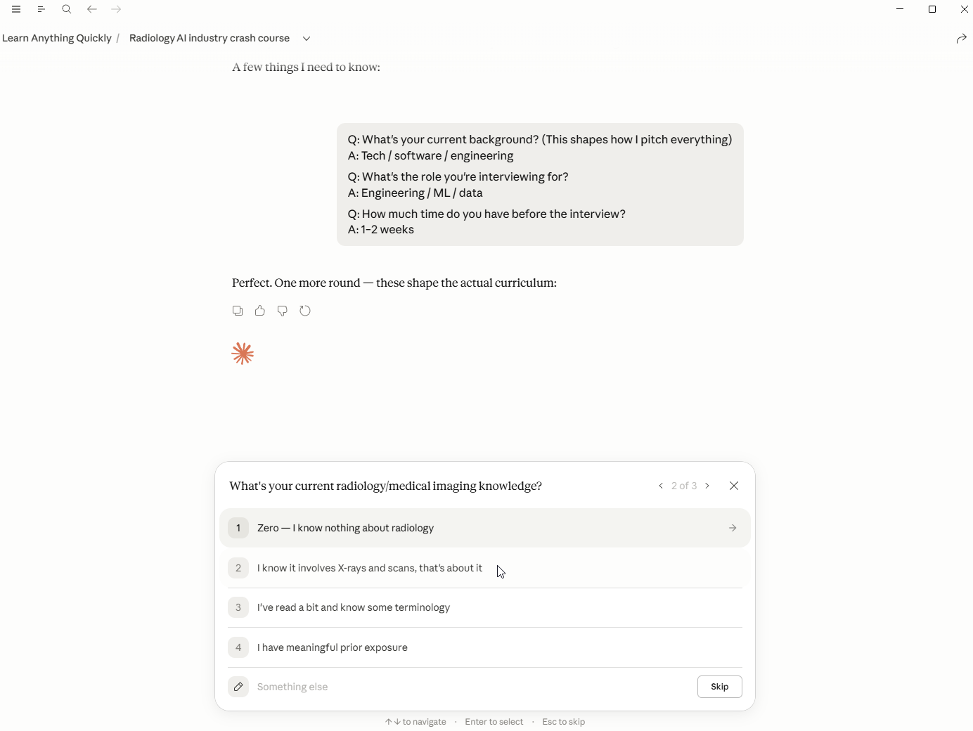 Claude's second interview question asking about current radiology/medical imaging knowledge level