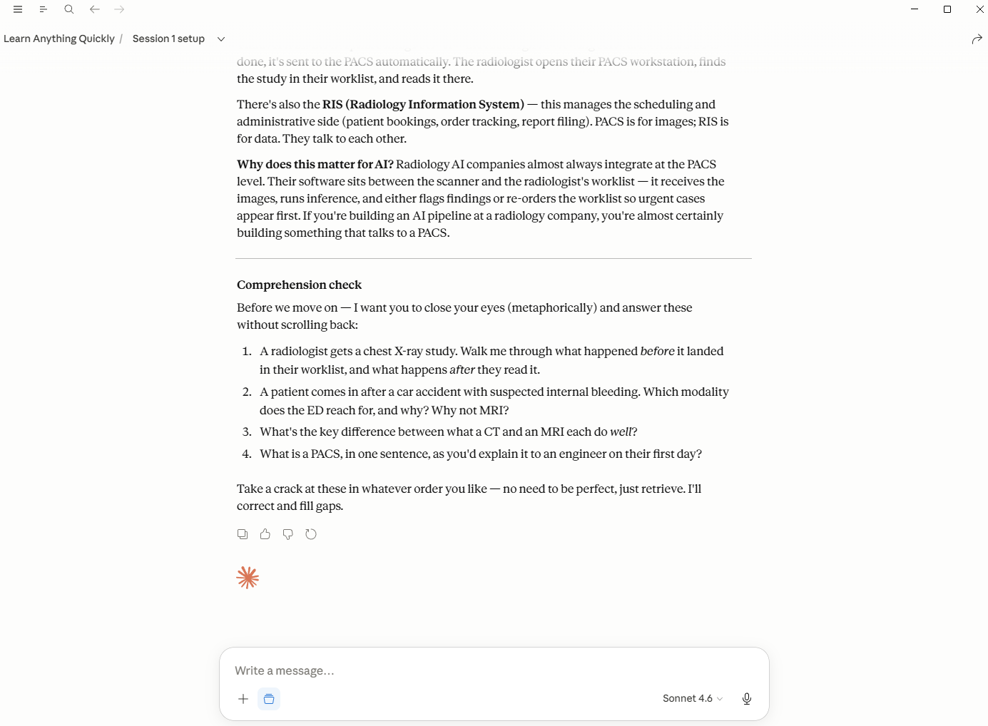 A live Claude session showing a comprehension check with four questions about radiology workflows, requiring the learner to retrieve answers from memory